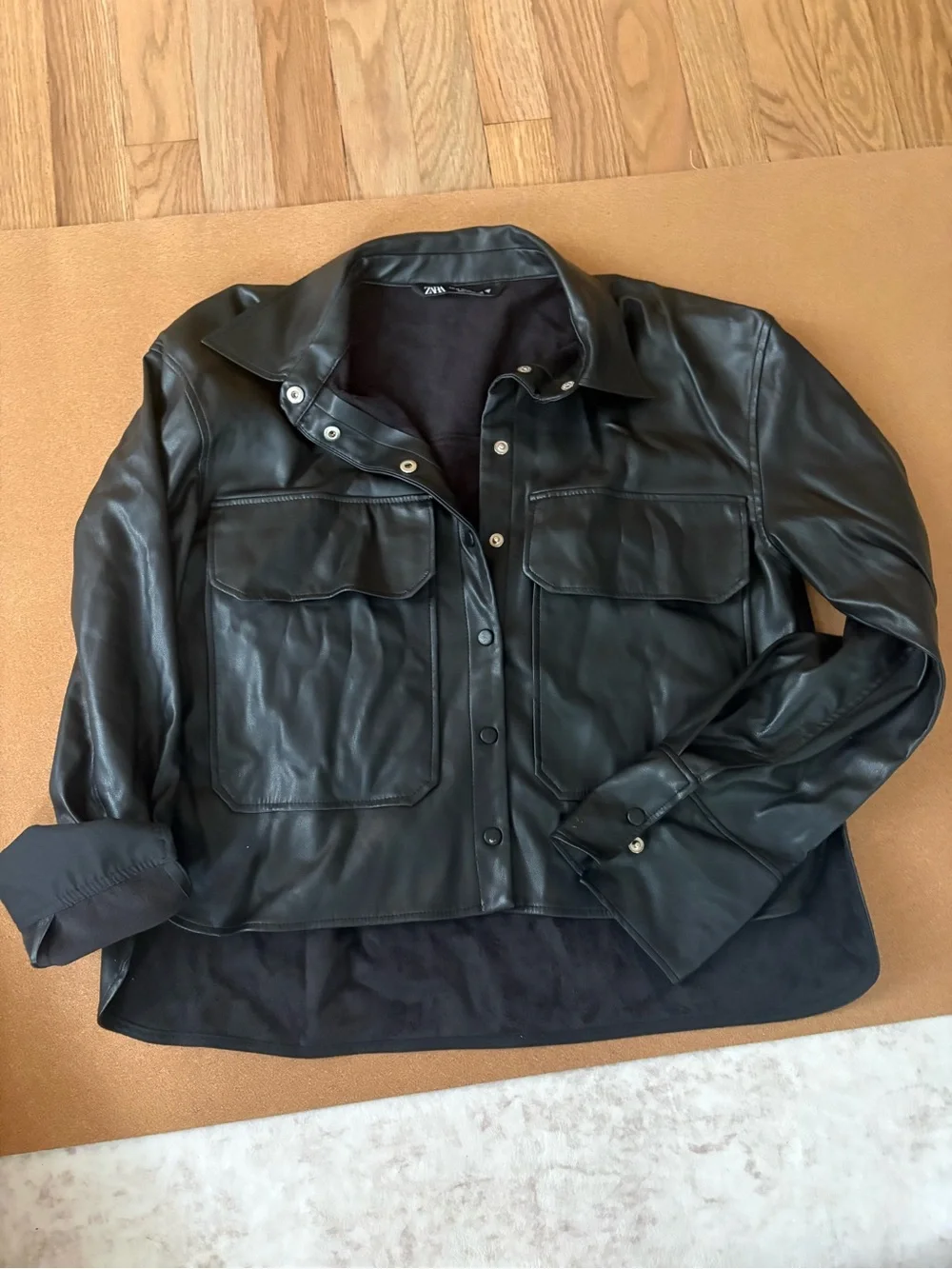 Zara Black Leather Utility Shirt Jacket - Women